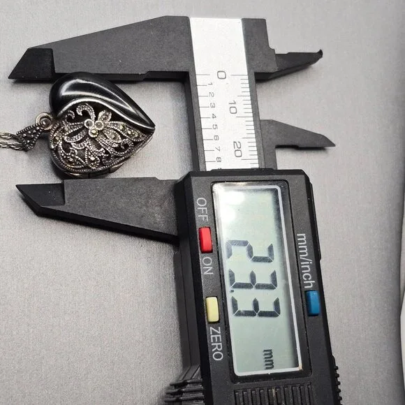 VTG FAS Sterling Silver Marcasite Onyx Heart Locket Pendant 1" Cutouts Signed - Picture 10 of 13